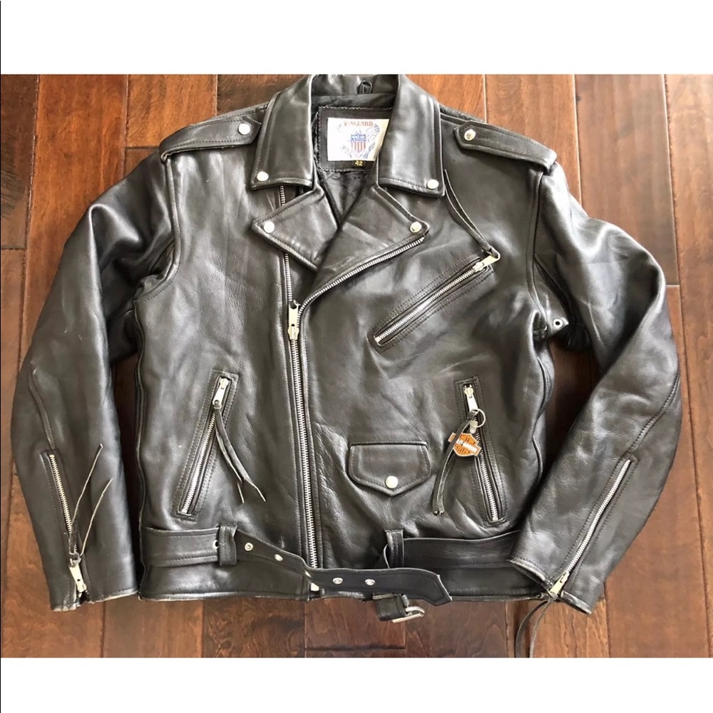 VANGUARD LEATHER BLACK BIKER MOTORCYCLE JACKET Lg